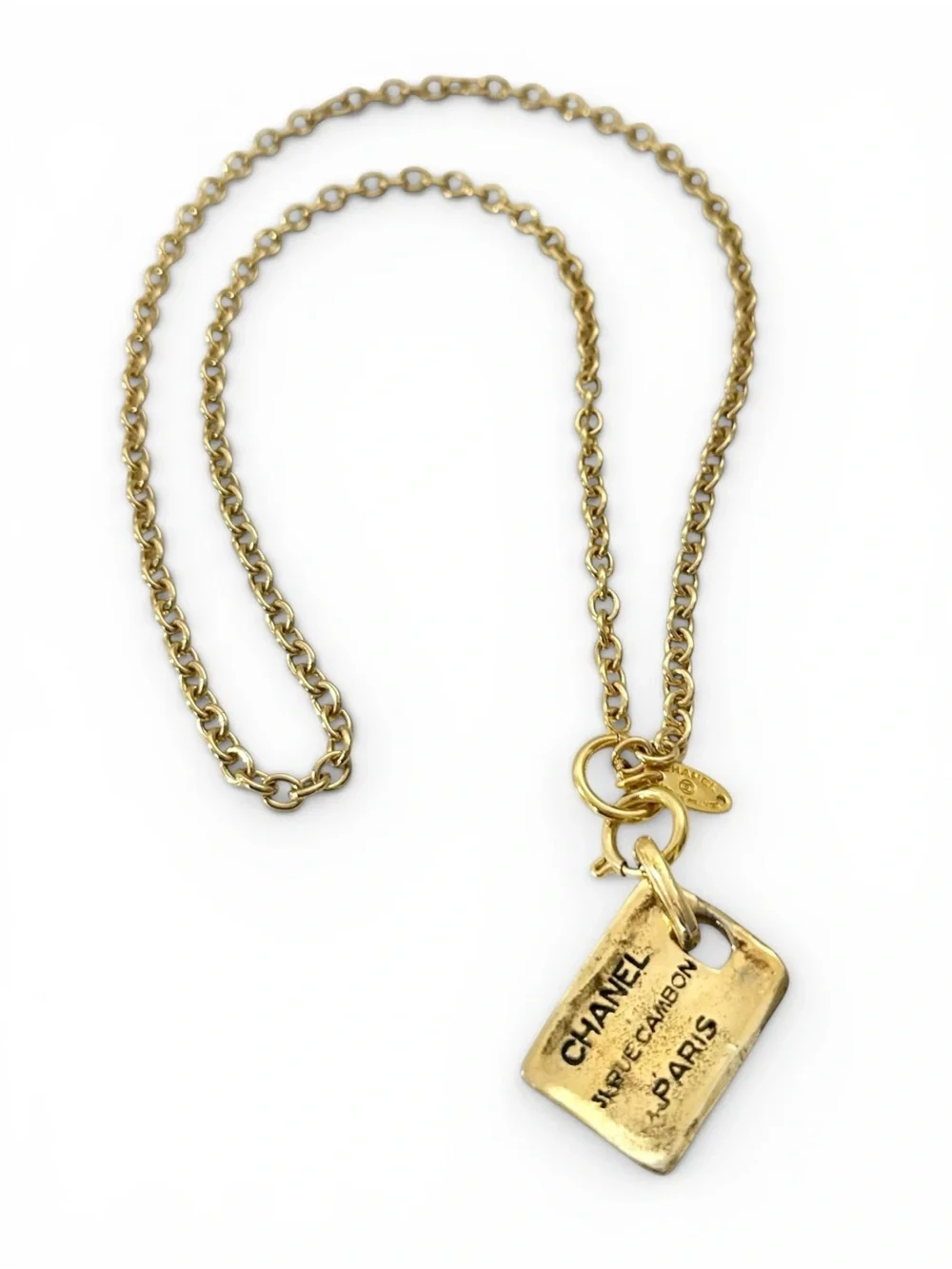 Chanel 31 Rue Cambon Vintage Two Sided Engraved Gold Pendant Chain Necklace